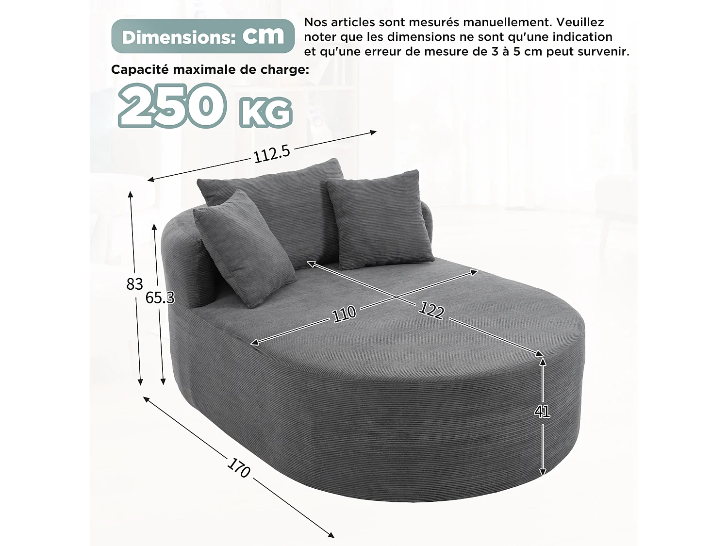 Méridienne compressé ovale 170x112.5 cm en velours côtelé - Gris