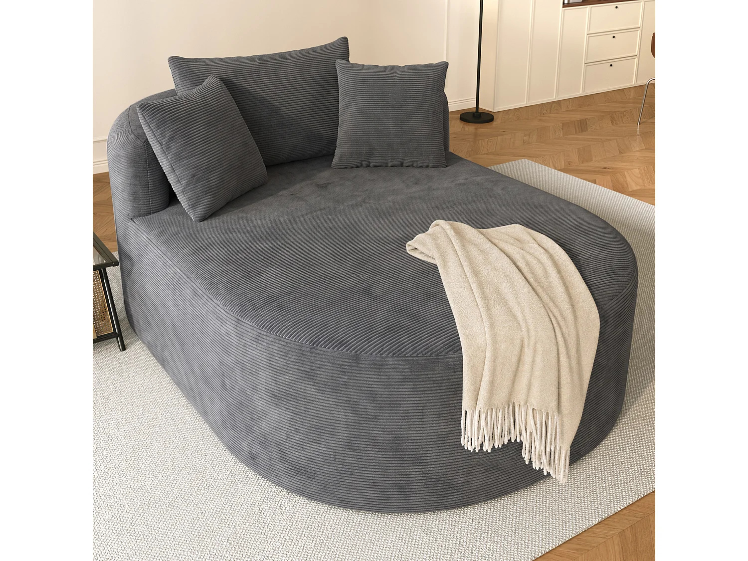 Méridienne compressé ovale 170x112.5 cm en velours côtelé - Gris