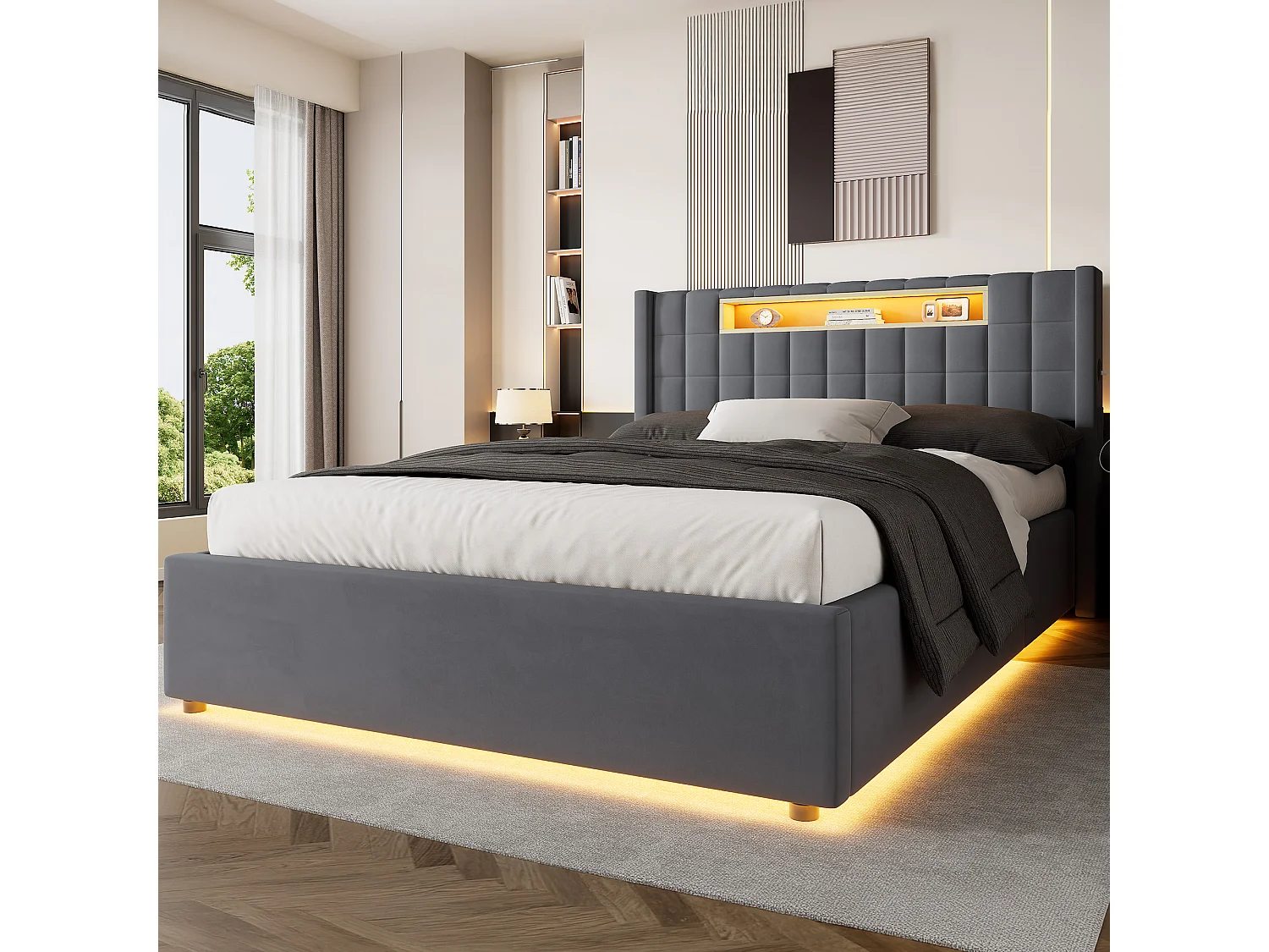 Letto contenitore 140x200 cm in velluto con LED e presa - Letto matrimoniale grigio scuro