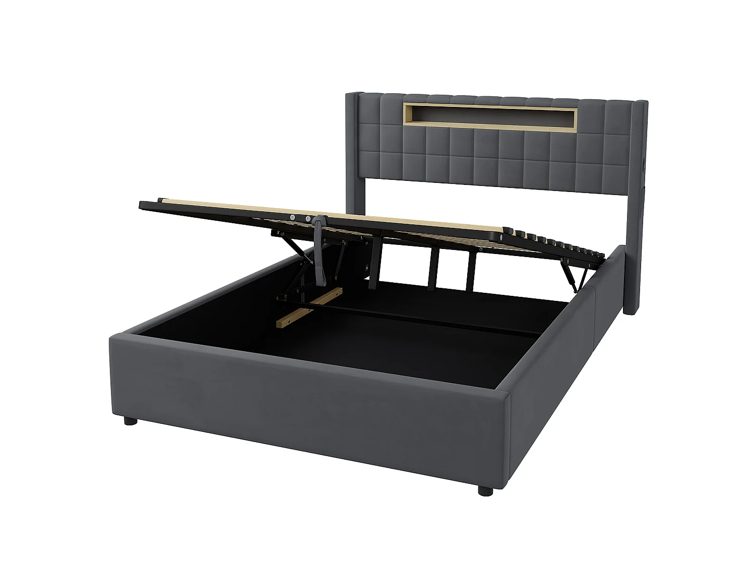 Letto contenitore 140x200 cm in velluto con LED e presa - Letto matrimoniale grigio scuro