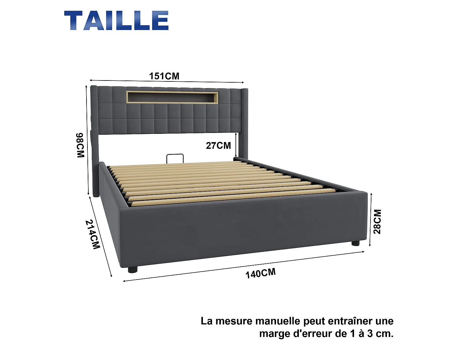Letto contenitore 140x200 cm in velluto con LED e presa - Letto matrimoniale grigio scuro