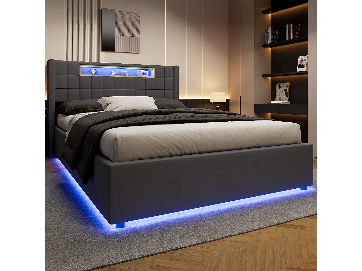 Letto contenitore 140x200 cm in velluto con LED e presa - Letto matrimoniale grigio scuro