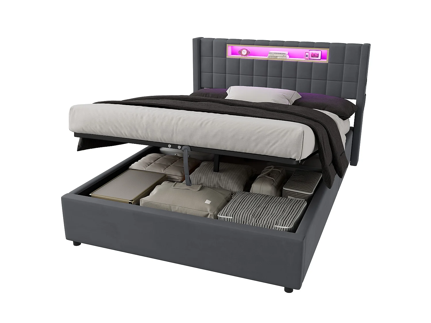 Letto contenitore 140x200 cm in velluto con LED e presa - Letto matrimoniale grigio scuro