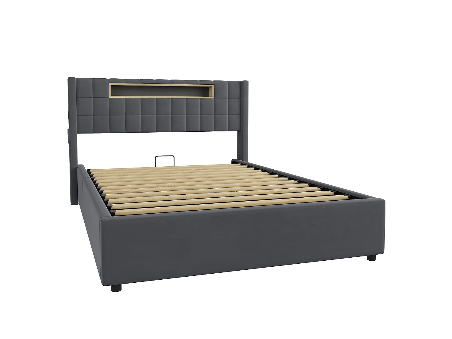 Letto contenitore 140x200 cm in velluto con LED e presa - Letto matrimoniale grigio scuro