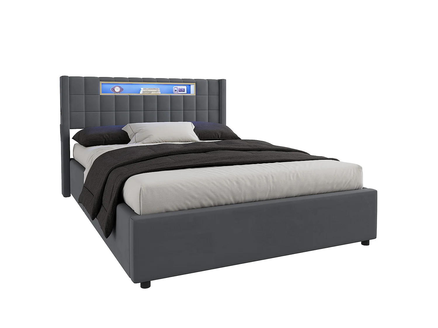 Letto contenitore 140x200 cm in velluto con LED e presa - Letto matrimoniale grigio scuro
