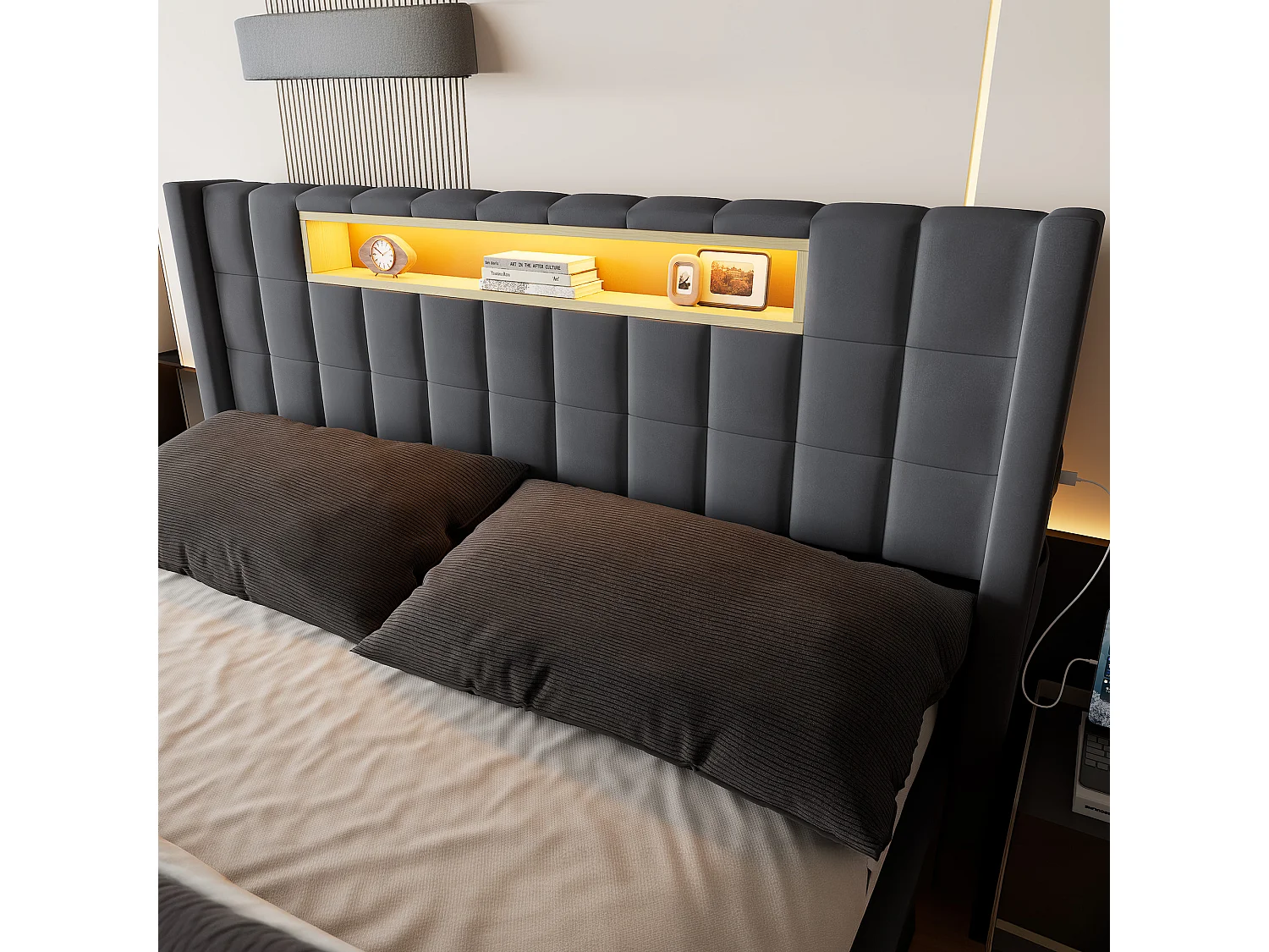 Letto contenitore 140x200 cm in velluto con LED e presa - Letto matrimoniale grigio scuro
