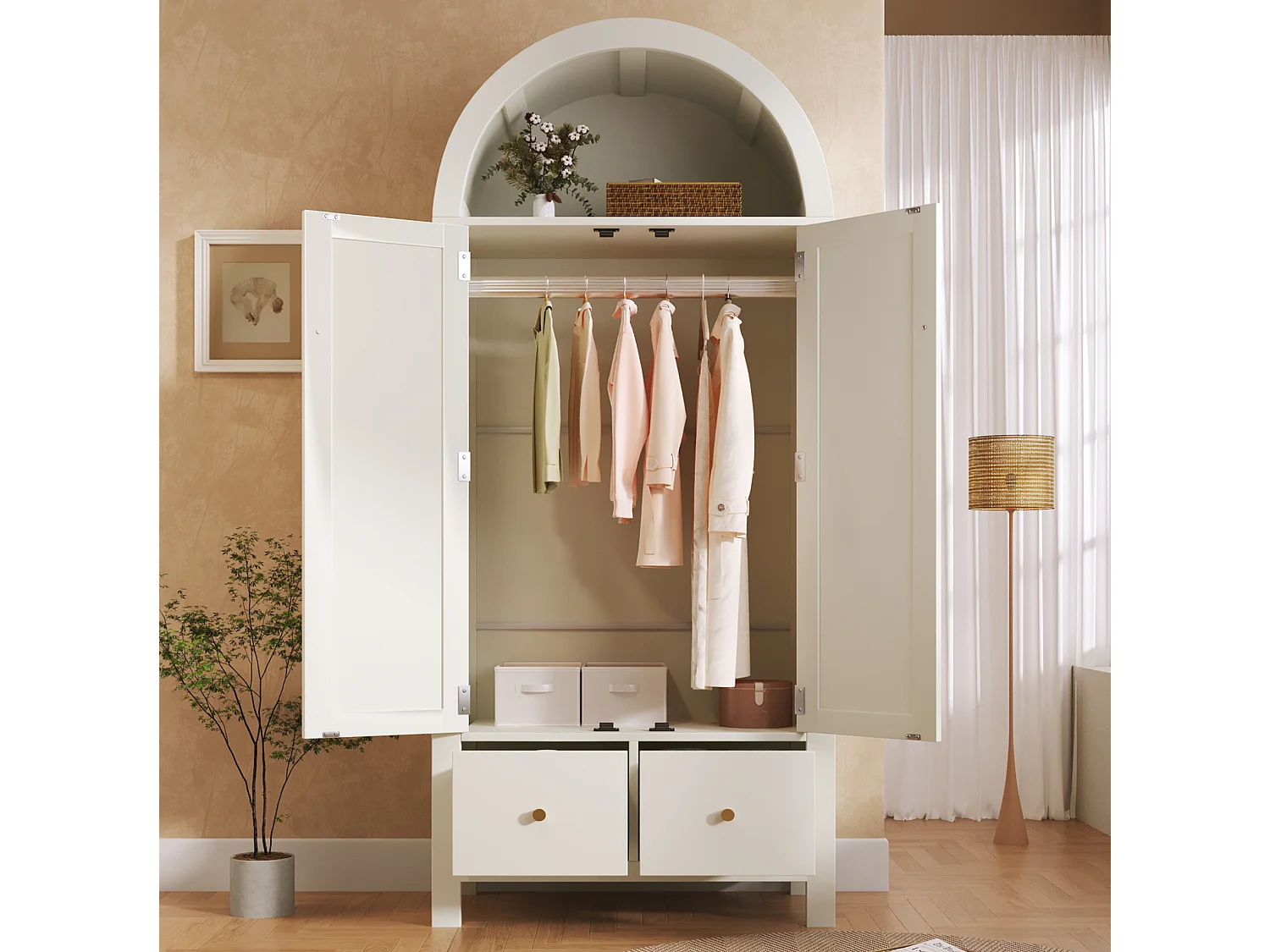 Armoire 181 x 78 x 45 cm en rotin tressé avec 2 portes et 2 tiroirs - Blanc