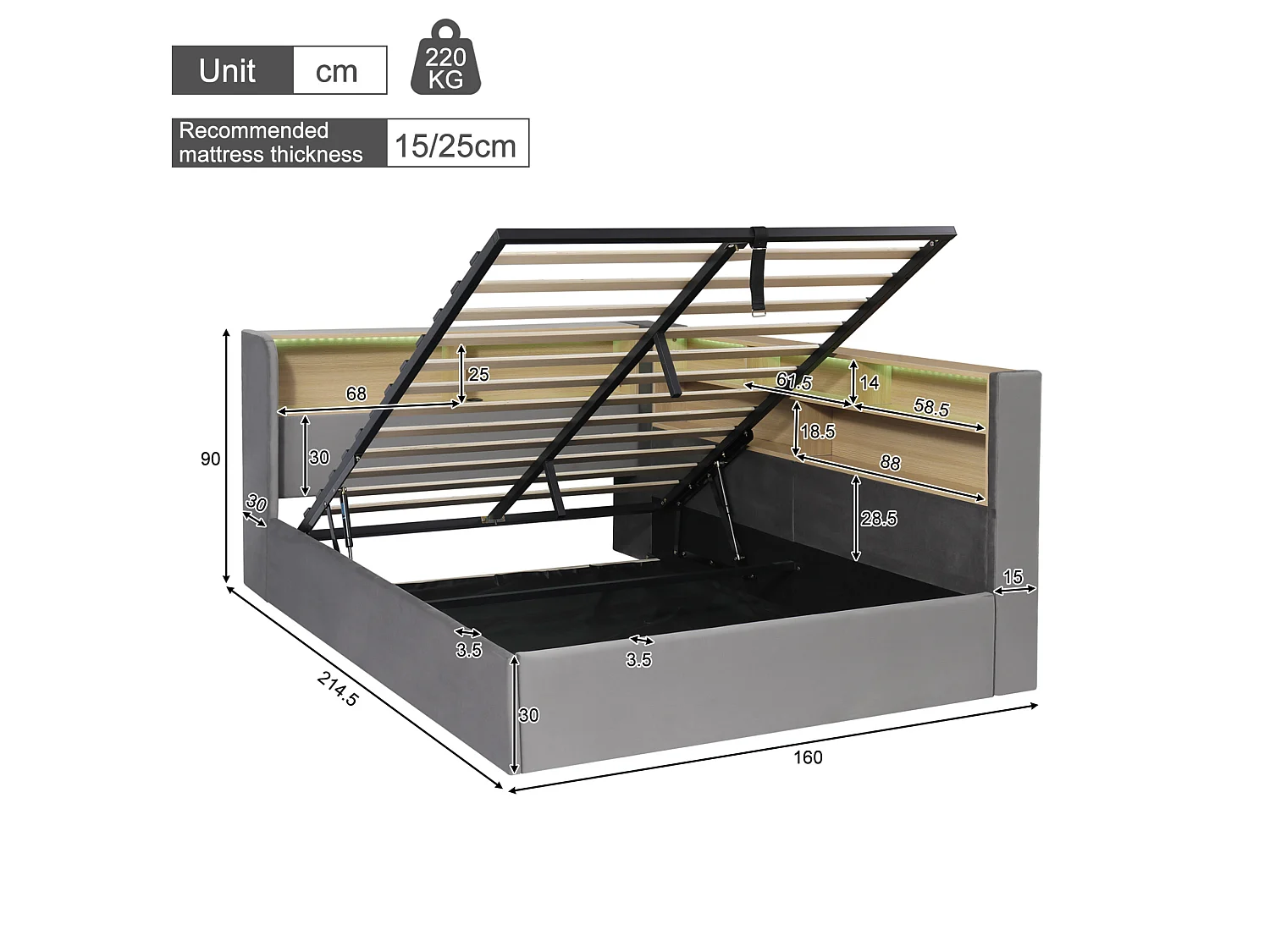 Lit coffre 140x190 cm avec LED et port USB - Lit banquette en velours - Gris