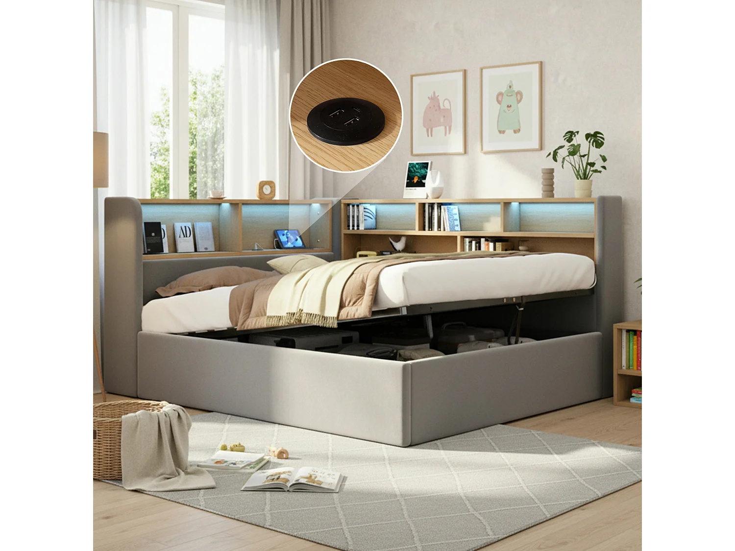 Lit coffre 140x190 cm avec LED et port USB - Lit banquette en velours - Gris