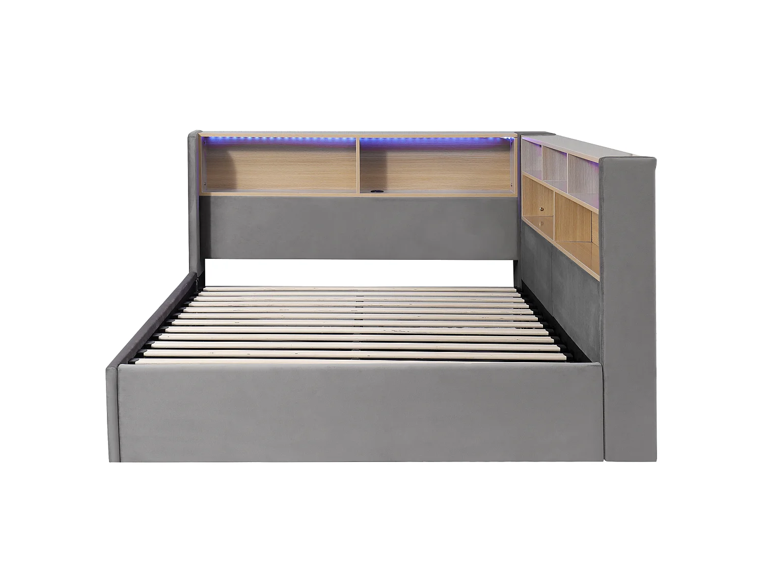 Lit coffre 140x190 cm avec LED et port USB - Lit banquette en velours - Gris