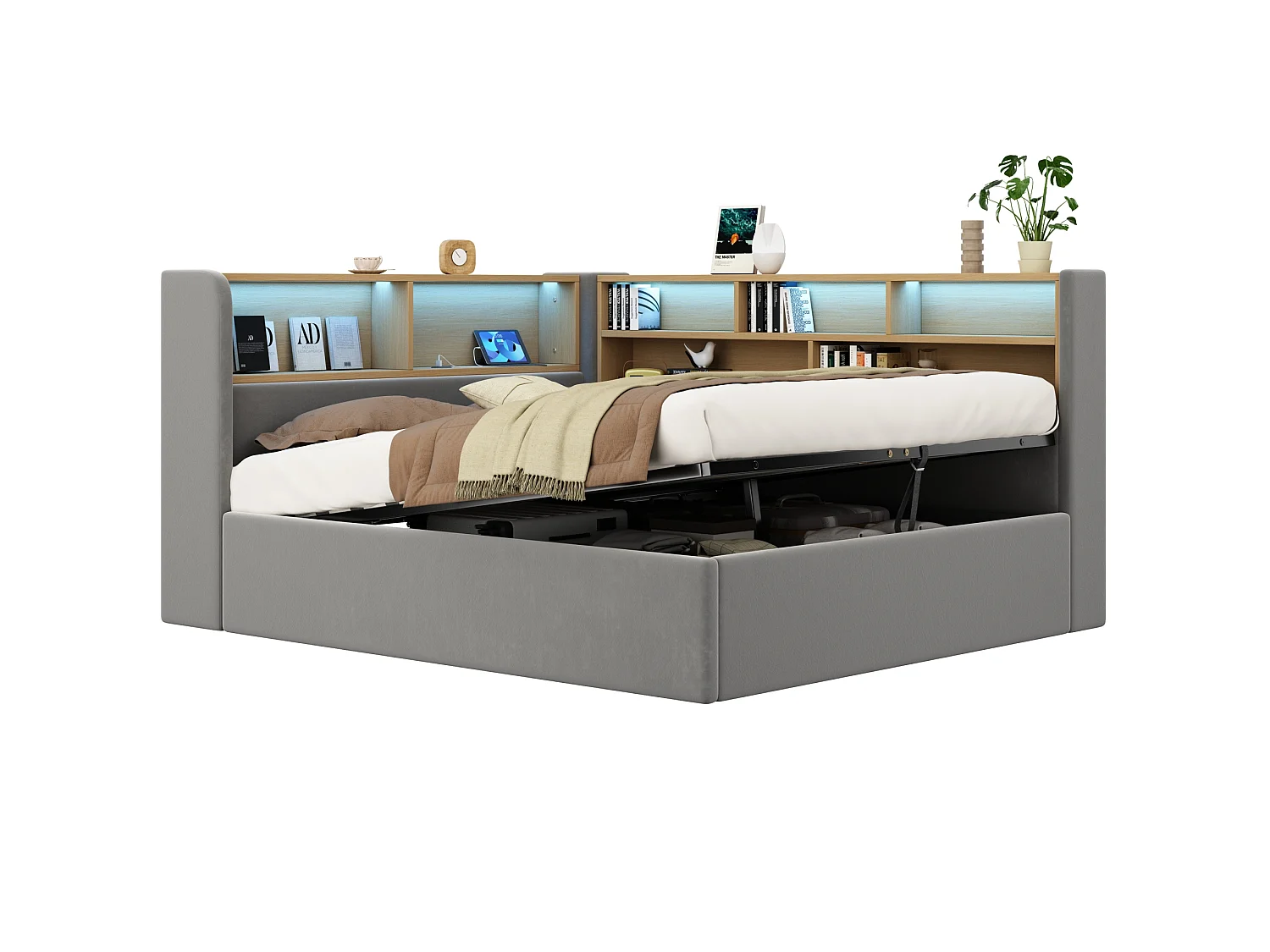 Lit coffre 140x190 cm avec LED et port USB - Lit banquette en velours - Gris