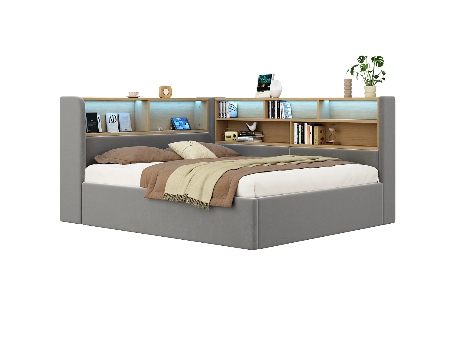 Lit coffre 140x190 cm avec LED et port USB - Lit banquette en velours - Gris