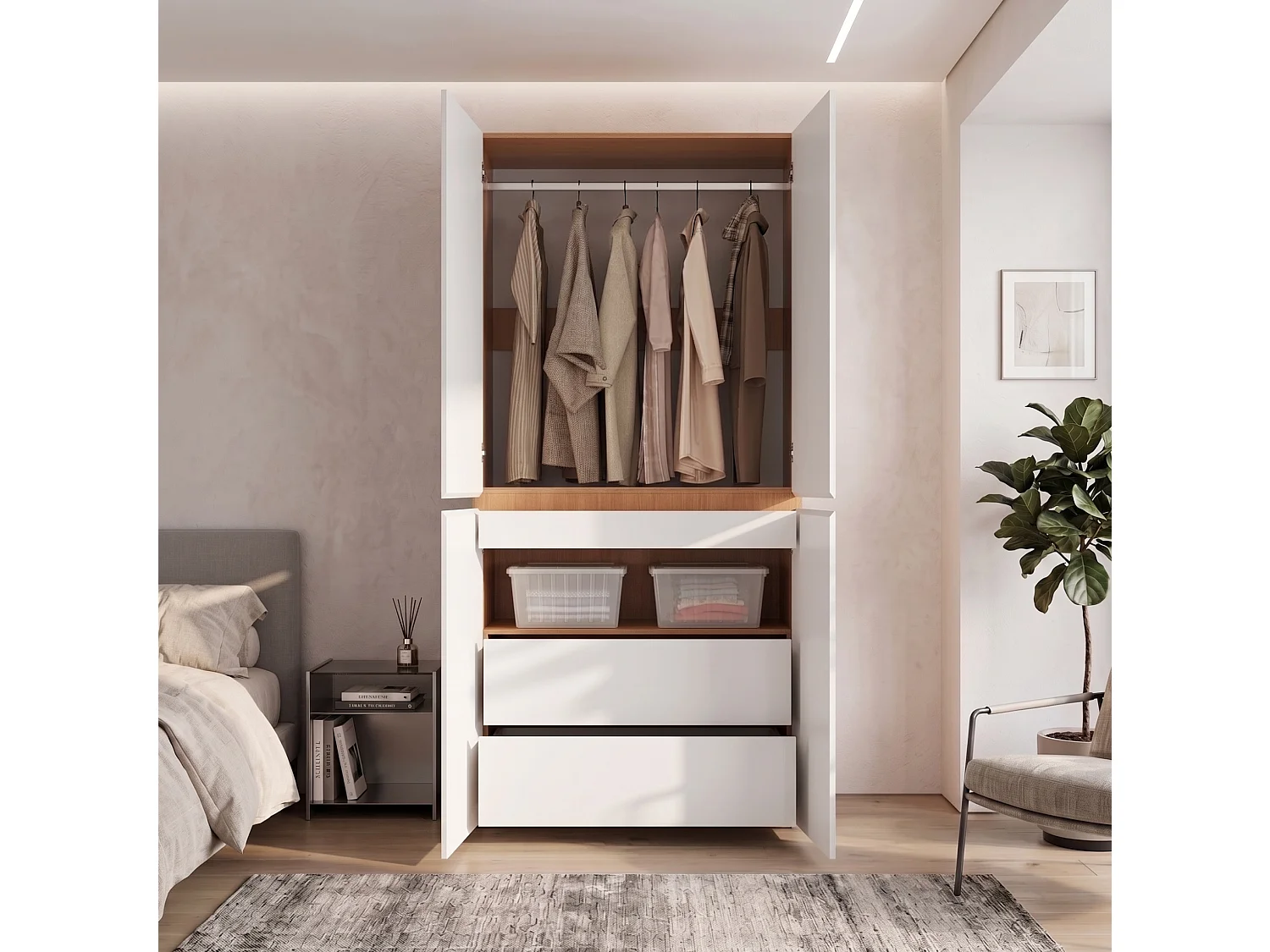 Armoire avec 4 portes et 3 tiroirs - Blanc 90 x 50 x 200 cm