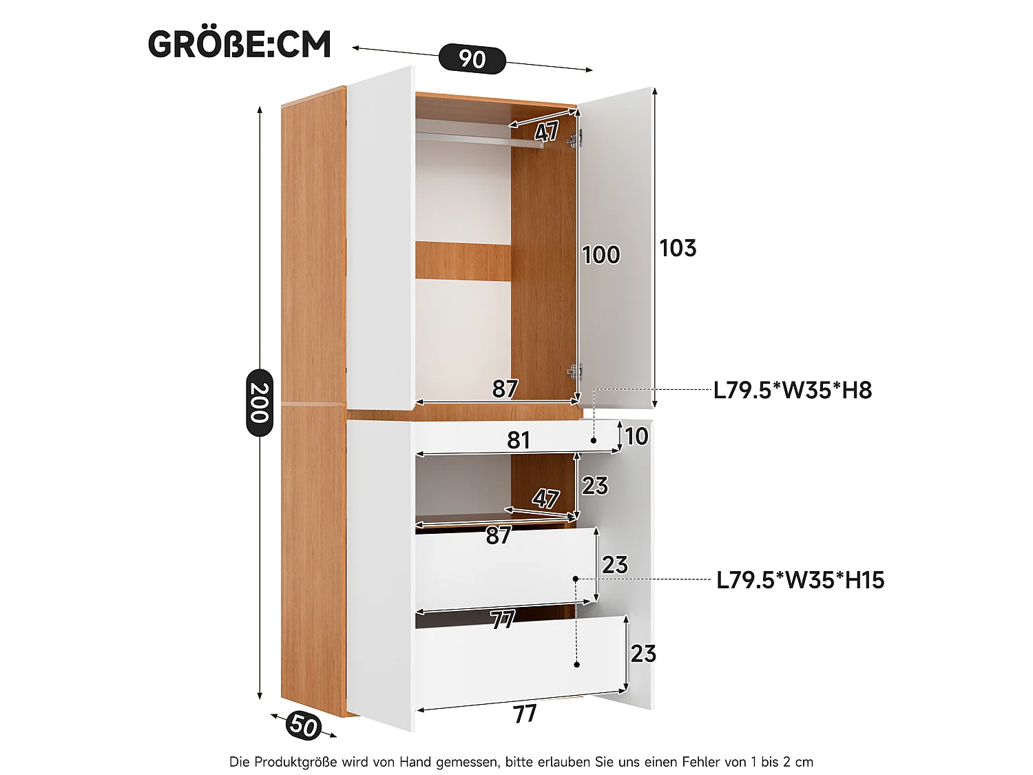 Armoire avec 4 portes et 3 tiroirs - Blanc 90 x 50 x 200 cm