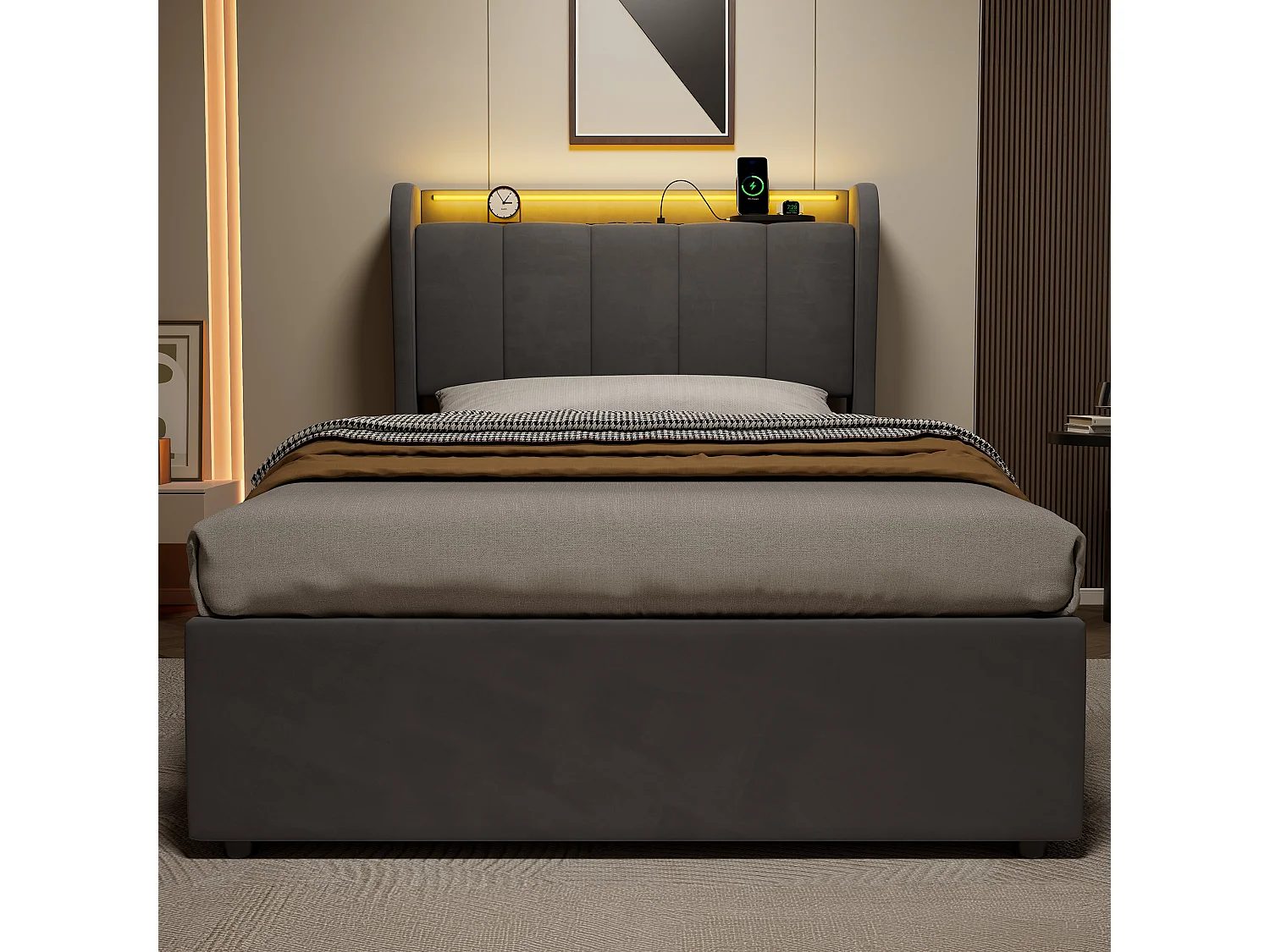 Lit coffre simple 90x200 cm en velours avec LED et prise - Gris foncé