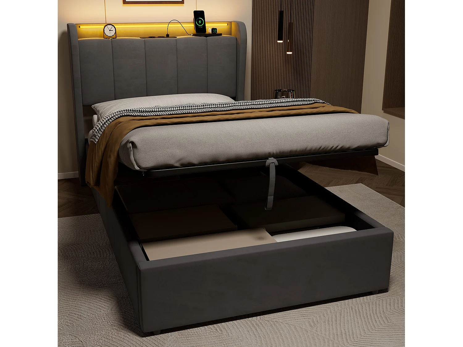 Lit coffre simple 90x200 cm en velours avec LED et prise - Gris foncé