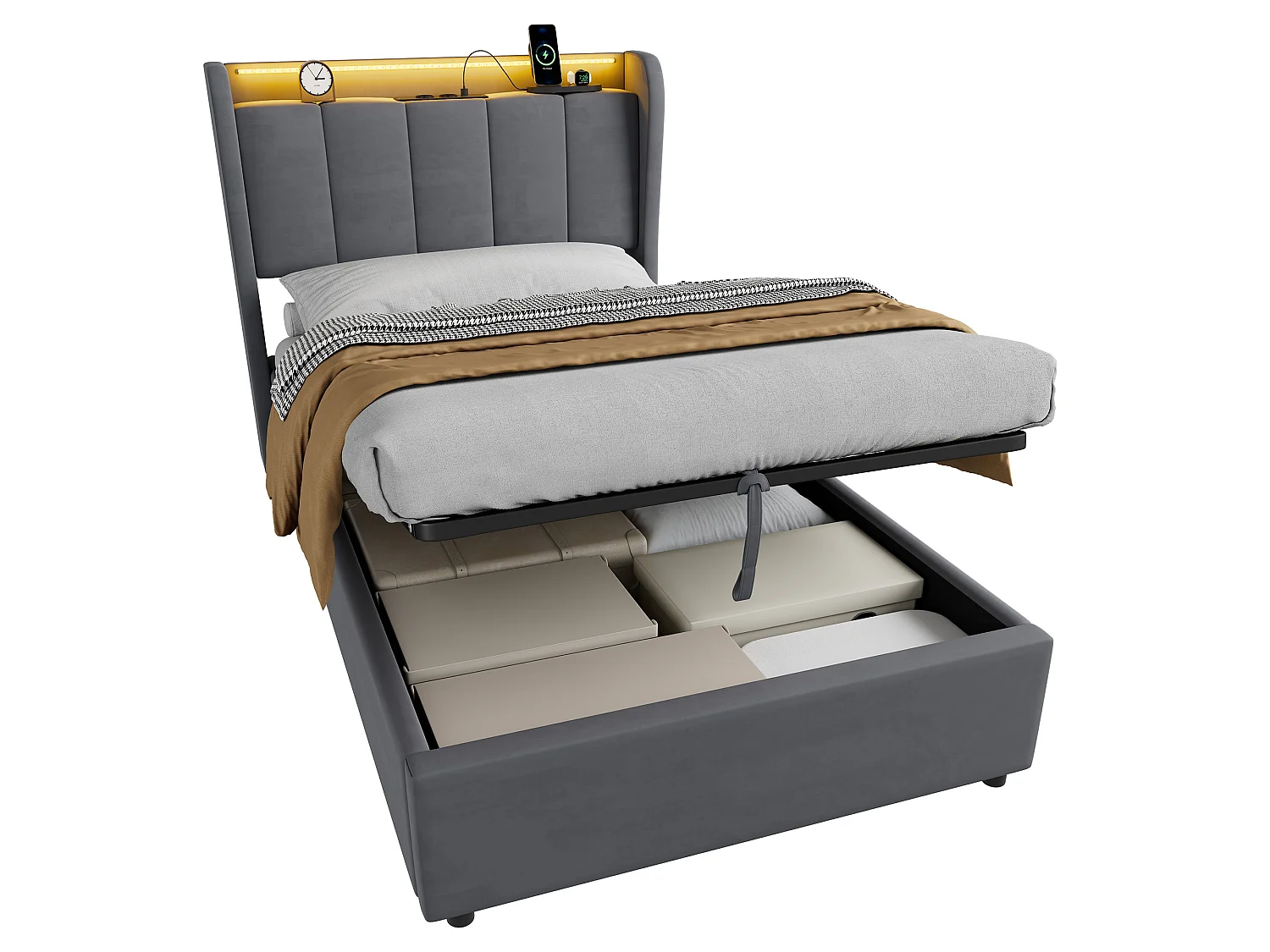 Lit coffre simple 90x200 cm en velours avec LED et prise - Gris foncé