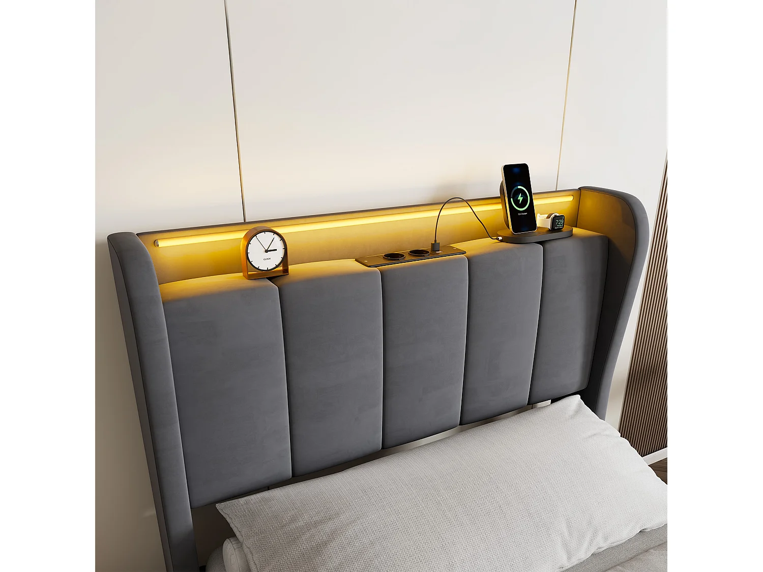 Lit coffre simple 90x200 cm en velours avec LED et prise - Gris foncé