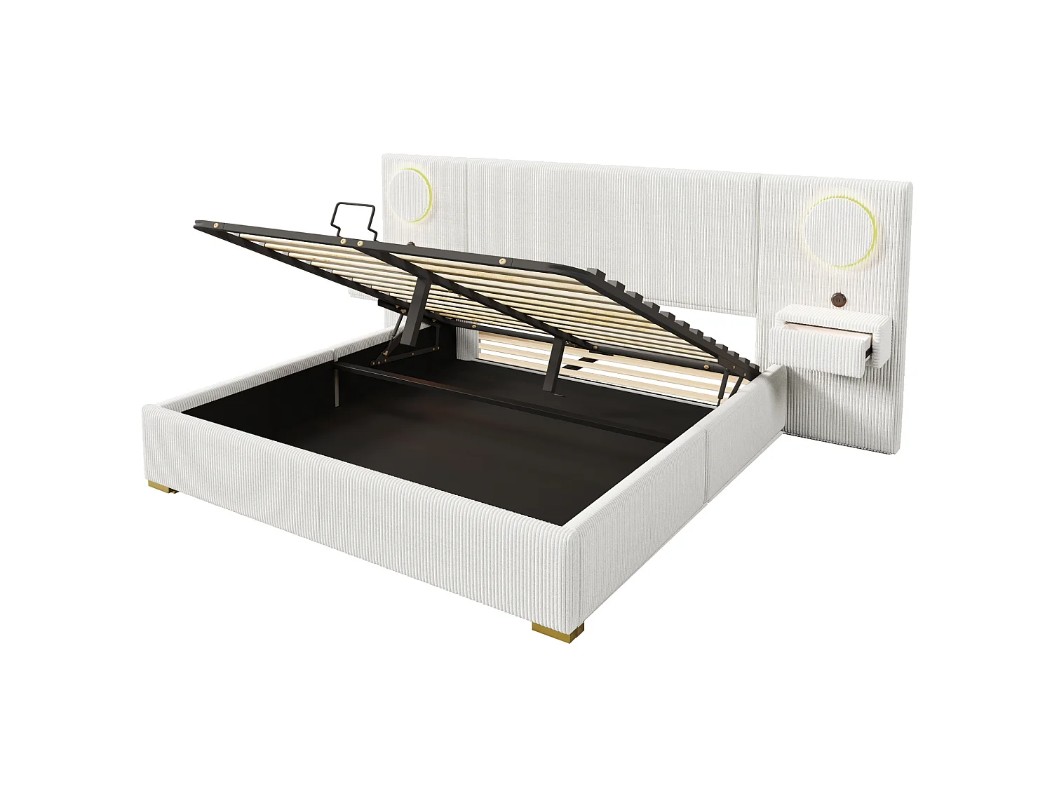 Letto contenitore per adulti 180 x 200 cm in velluto con illuminazione a LED, porte USB e 2 cassetti - Beige