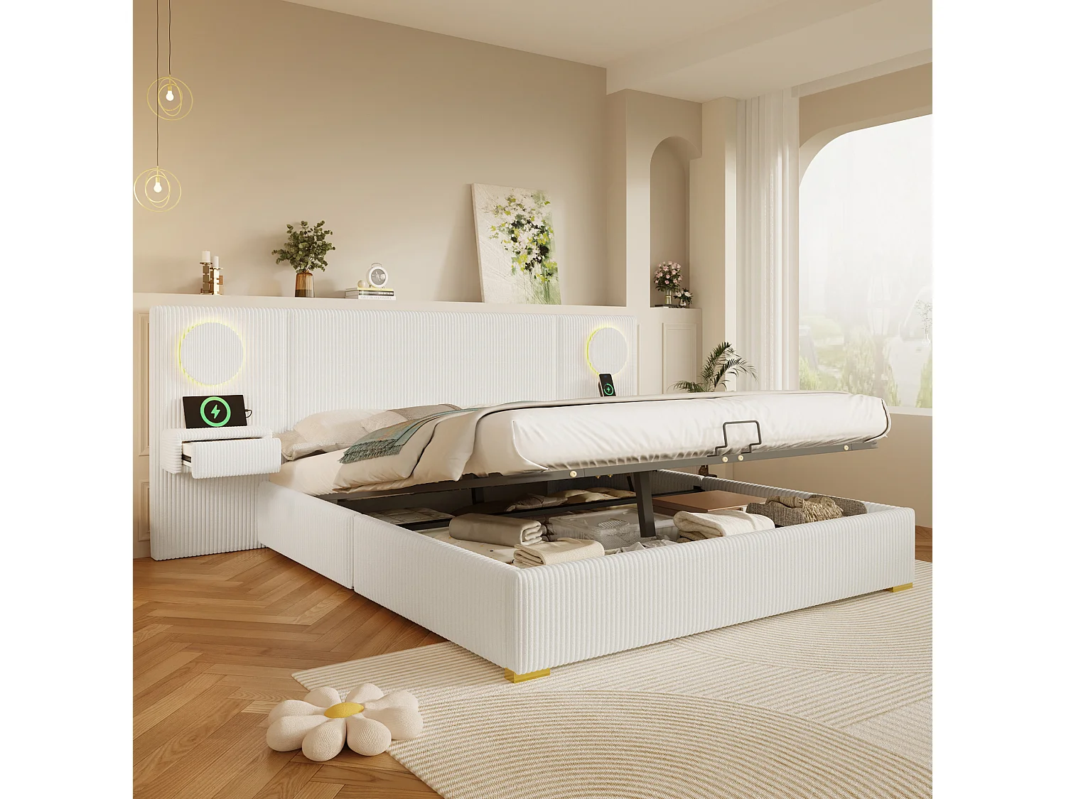 Letto contenitore per adulti 180 x 200 cm in velluto con illuminazione a LED, porte USB e 2 cassetti - Beige