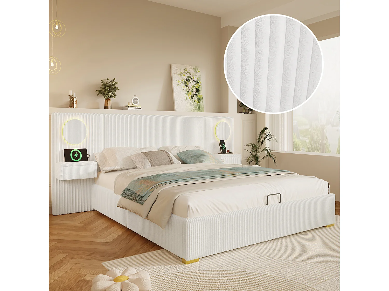 Letto contenitore per adulti 180 x 200 cm in velluto con illuminazione a LED, porte USB e 2 cassetti - Beige
