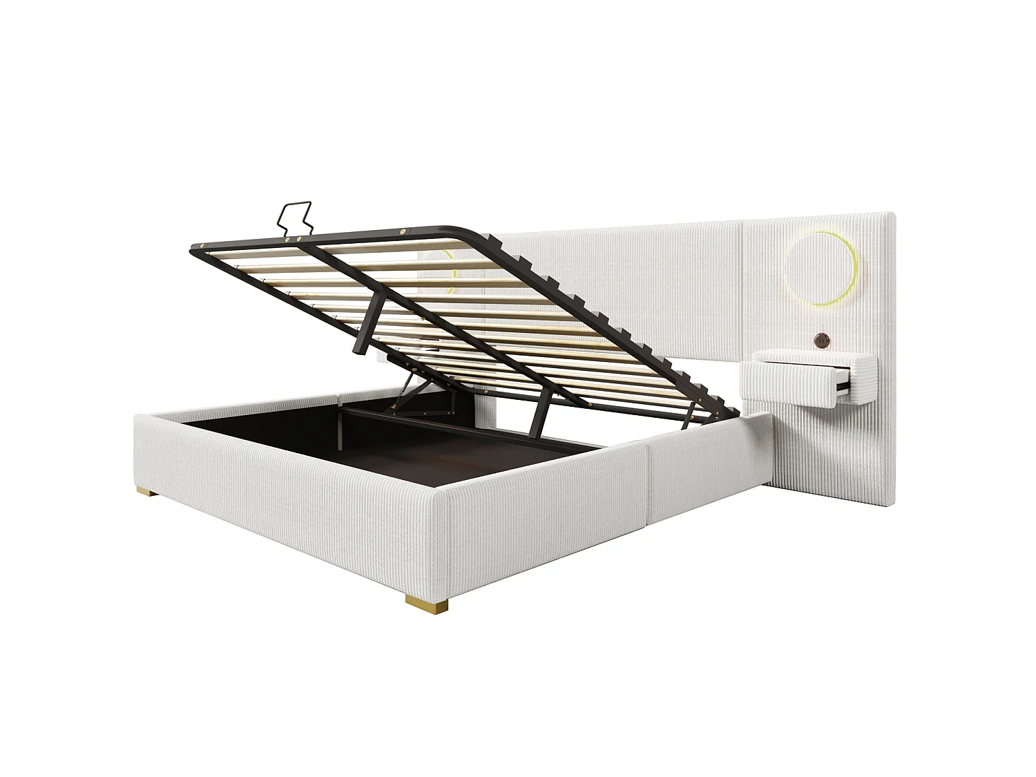 Letto contenitore per adulti 180 x 200 cm in velluto con illuminazione a LED, porte USB e 2 cassetti - Beige