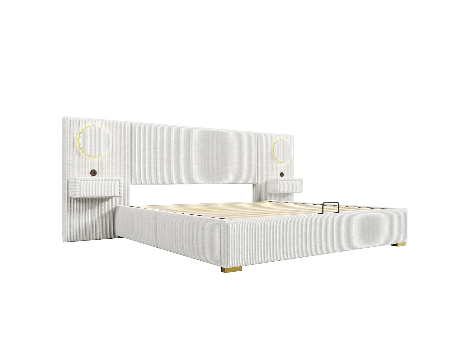 Letto contenitore per adulti 180 x 200 cm in velluto con illuminazione a LED, porte USB e 2 cassetti - Beige