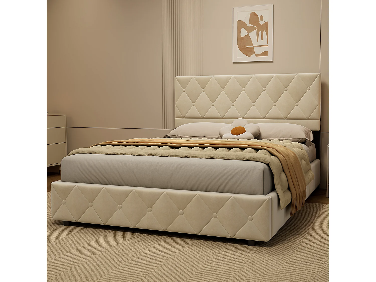 Vuxensäng med förvaring 140x200 cm med klädd huvudgavel - Beige sammet