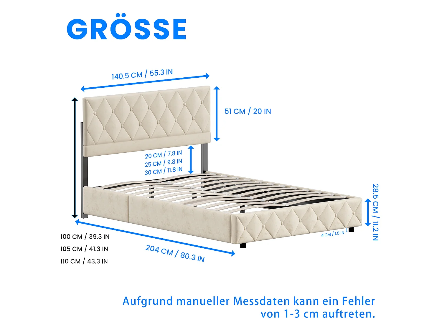 Vuxensäng med förvaring 140x200 cm med klädd huvudgavel - Beige sammet
