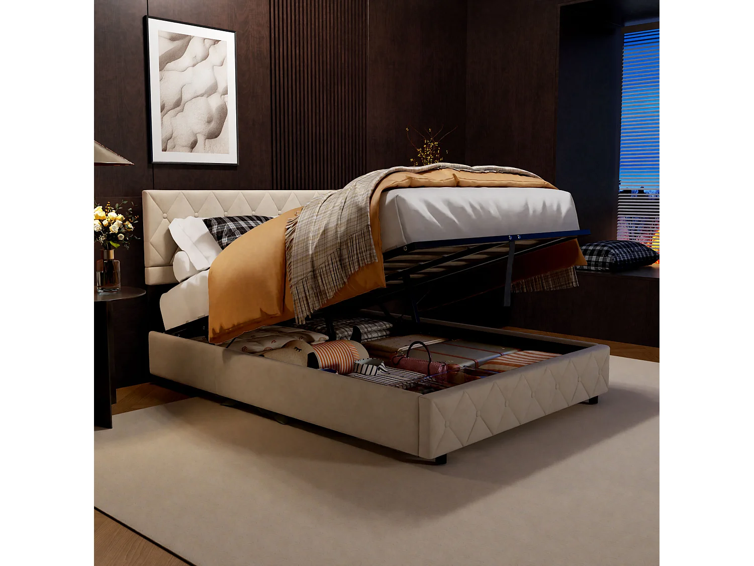 Vuxensäng med förvaring 140x200 cm med klädd huvudgavel - Beige sammet