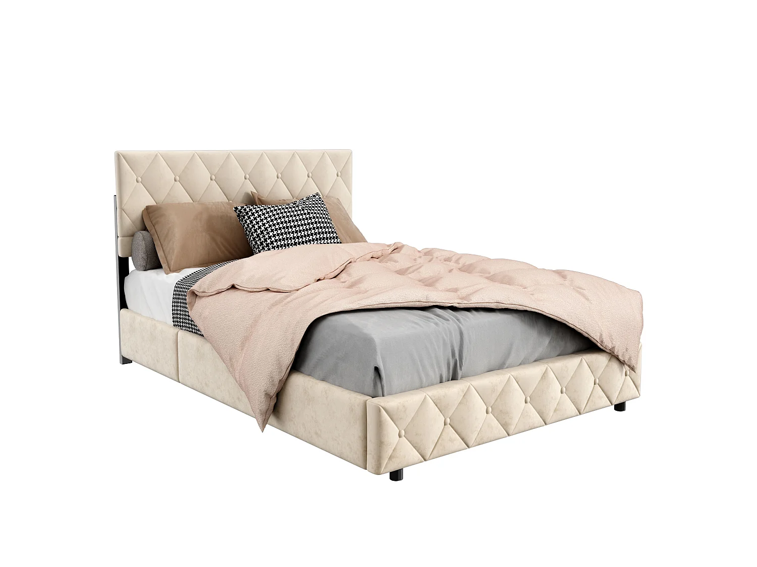 Vuxensäng med förvaring 140x200 cm med klädd huvudgavel - Beige sammet