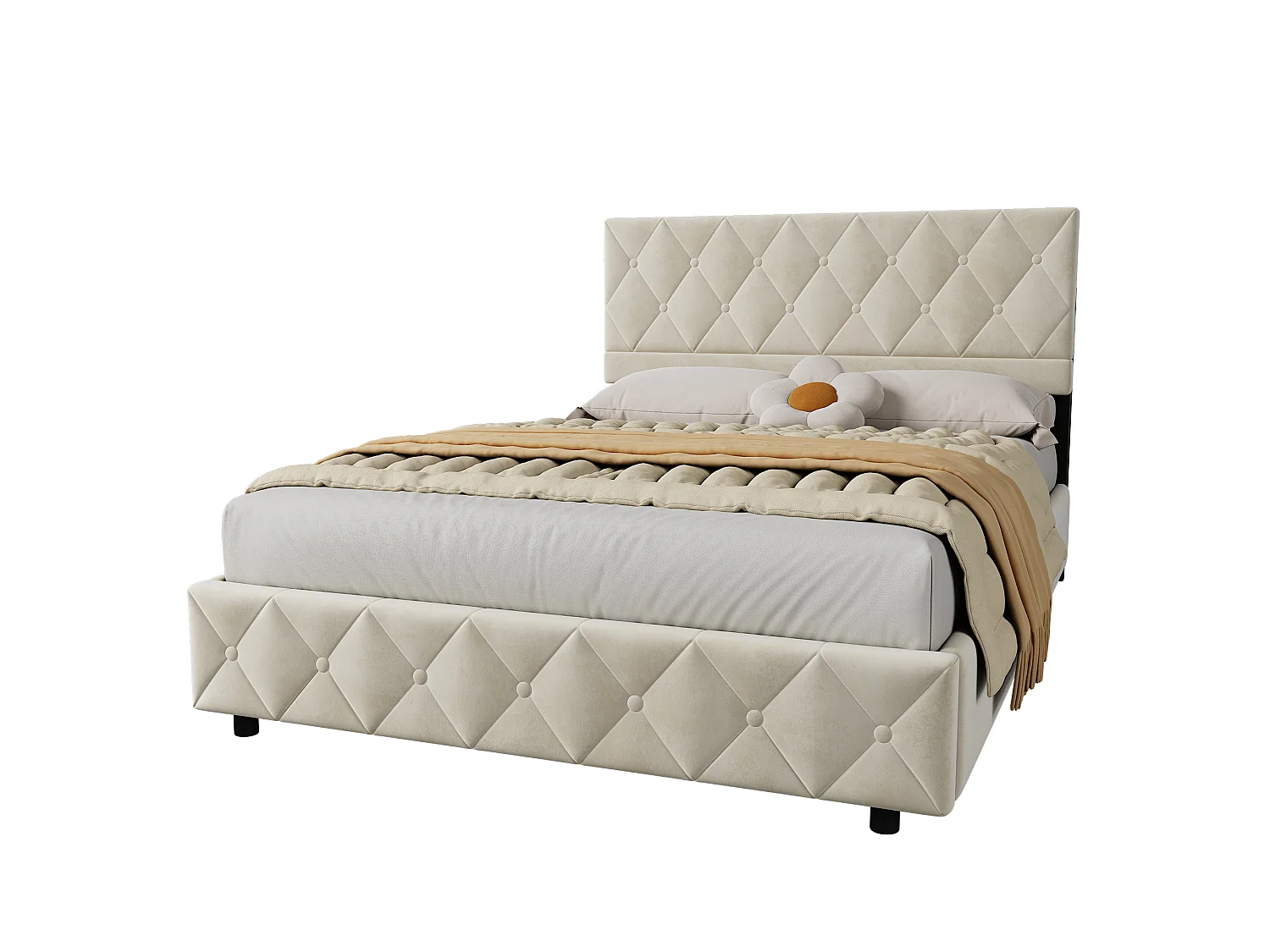 Vuxensäng med förvaring 140x200 cm med klädd huvudgavel - Beige sammet