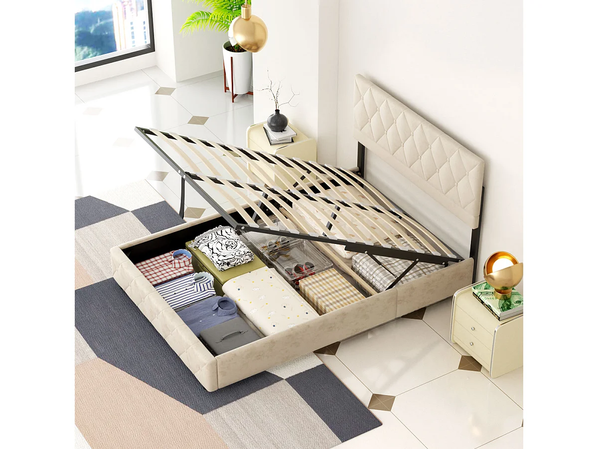 Vuxensäng med förvaring 140x200 cm med klädd huvudgavel - Beige sammet