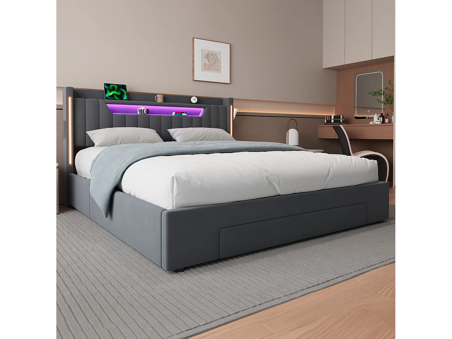 Letto contenitore 160x200 cm con cassetto e LED - Letto per adulti in velluto grigio