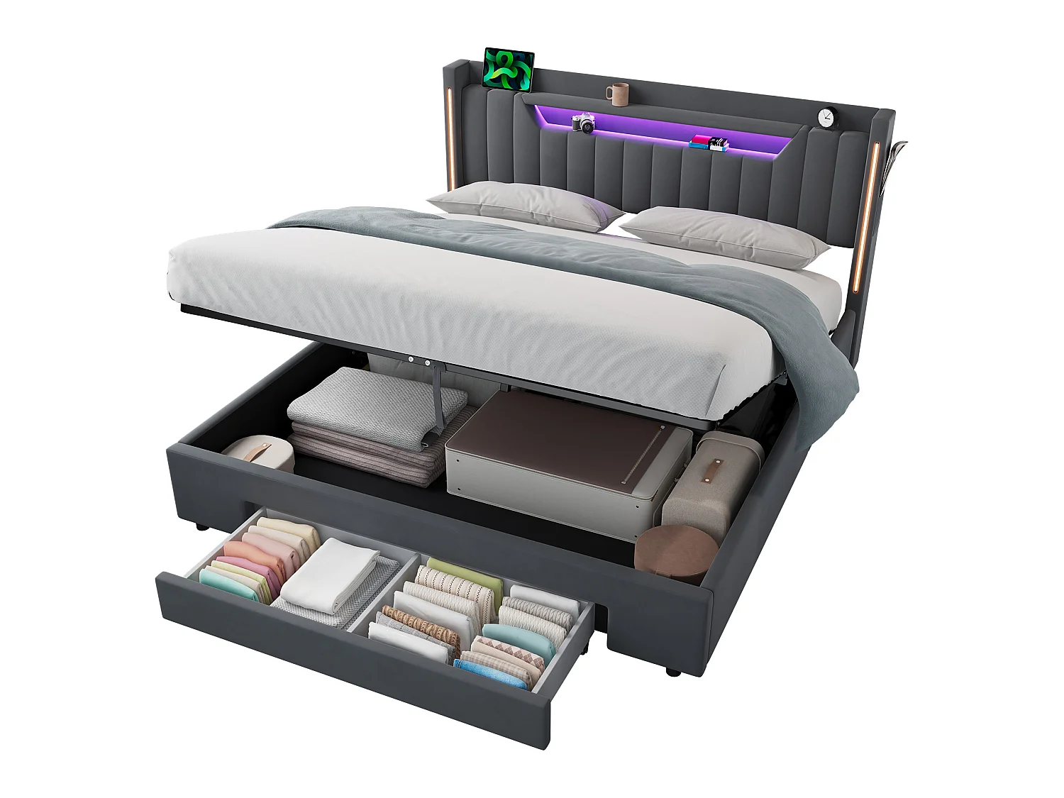 Letto contenitore 160x200 cm con cassetto e LED - Letto per adulti in velluto grigio
