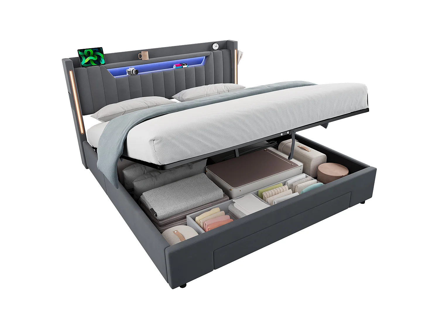 Letto contenitore 160x200 cm con cassetto e LED - Letto per adulti in velluto grigio