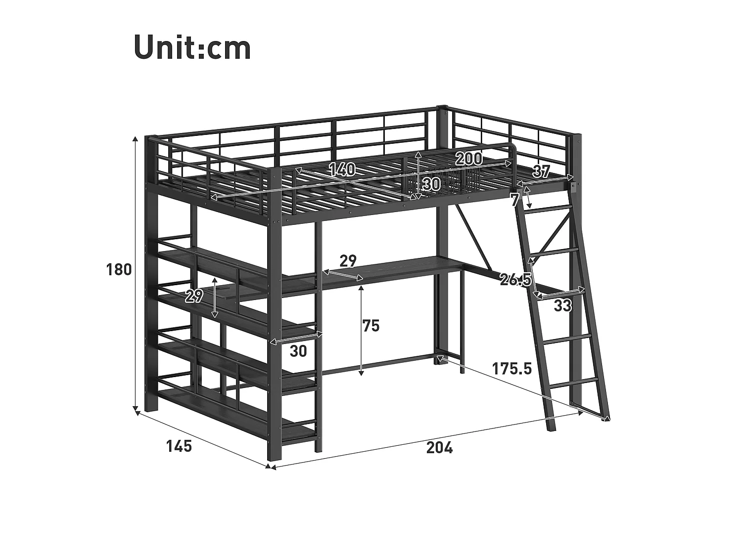 Lit mezzanine en métal 140 x 200 cm avec bureau et USB - Noir