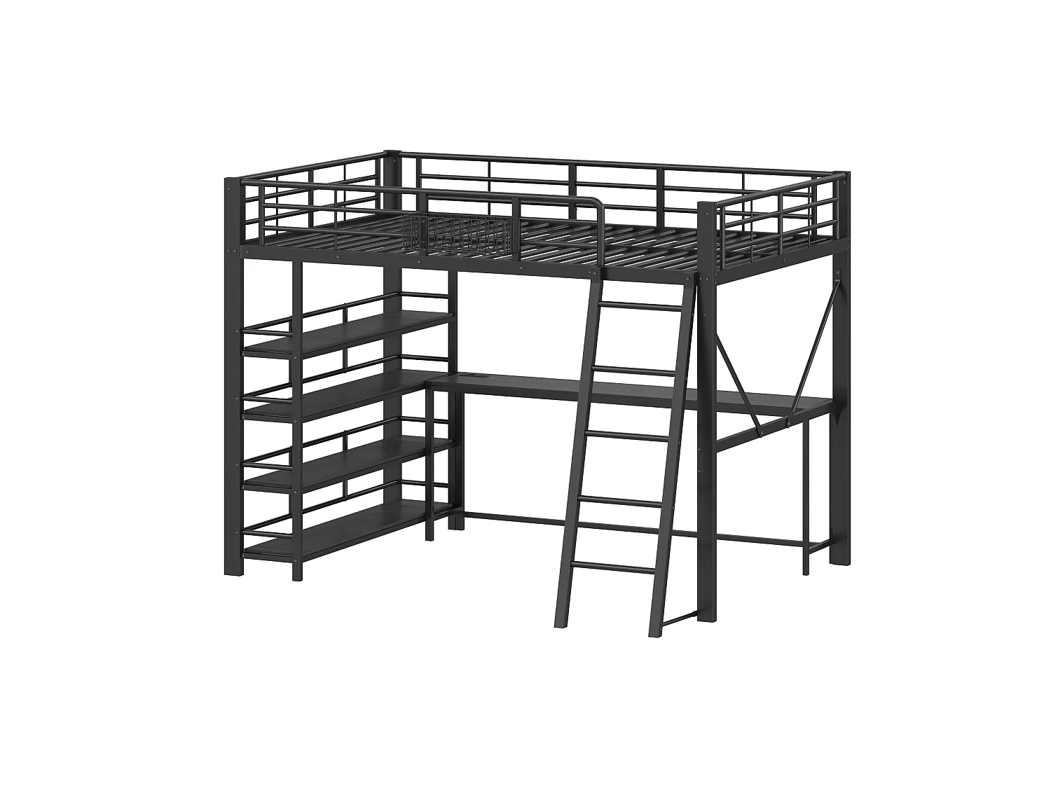 Lit mezzanine en métal 140 x 200 cm avec bureau et USB - Noir