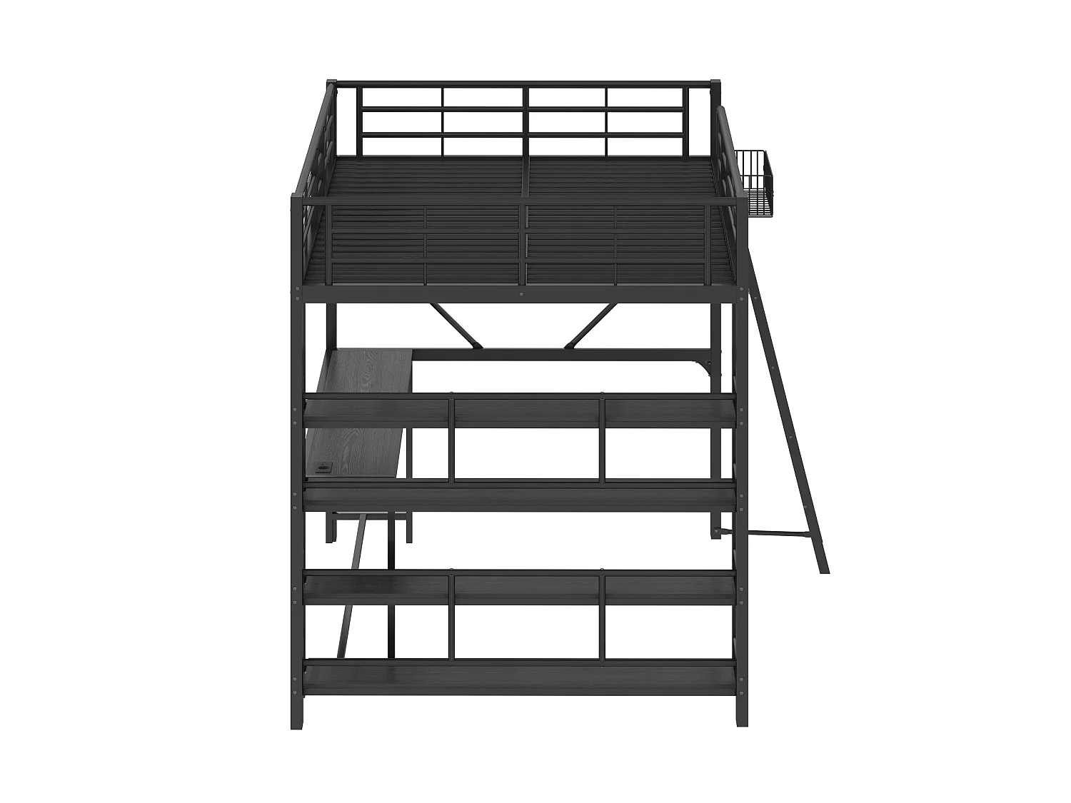 Lit mezzanine en métal 140 x 200 cm avec bureau et USB - Noir