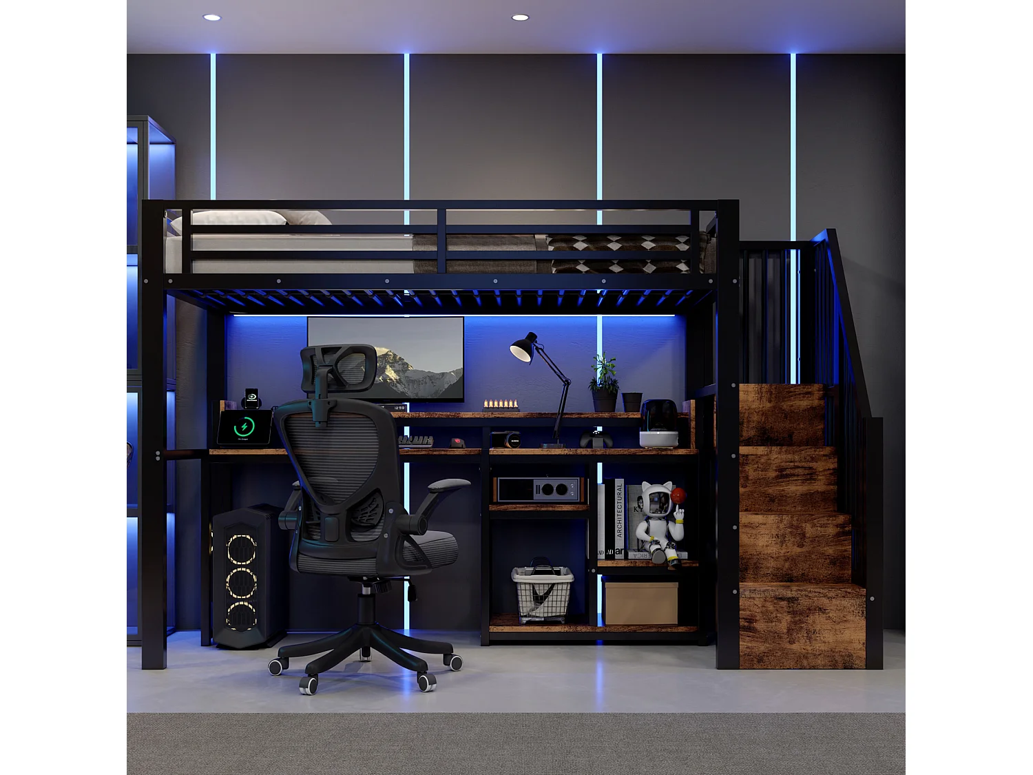 Lit mezzanine enfant 90 x 200 cm avec bureau ,ports USB et Type-C - Noir