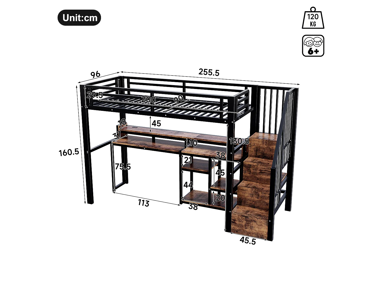 Lit mezzanine enfant 90 x 200 cm avec bureau ,ports USB et Type-C - Noir