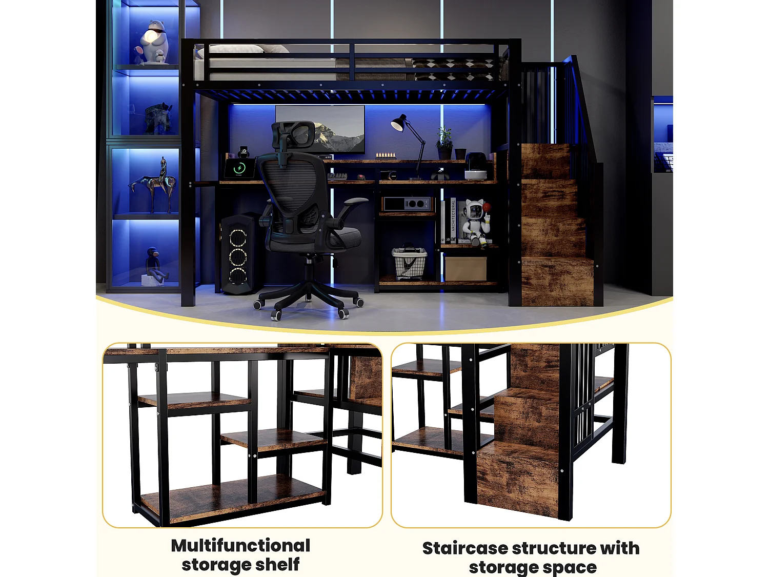 Lit mezzanine enfant 90 x 200 cm avec bureau ,ports USB et Type-C - Noir