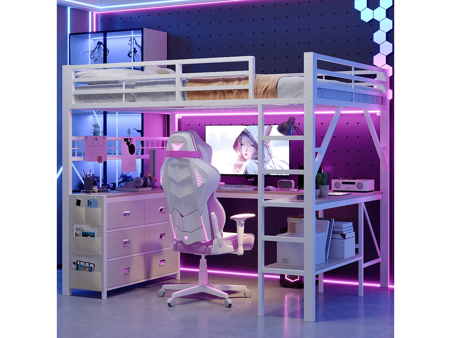 Lit mezzanine 140 x 200 cm avec 6 tiroirs et bureau - Métal et MDF - Blanc