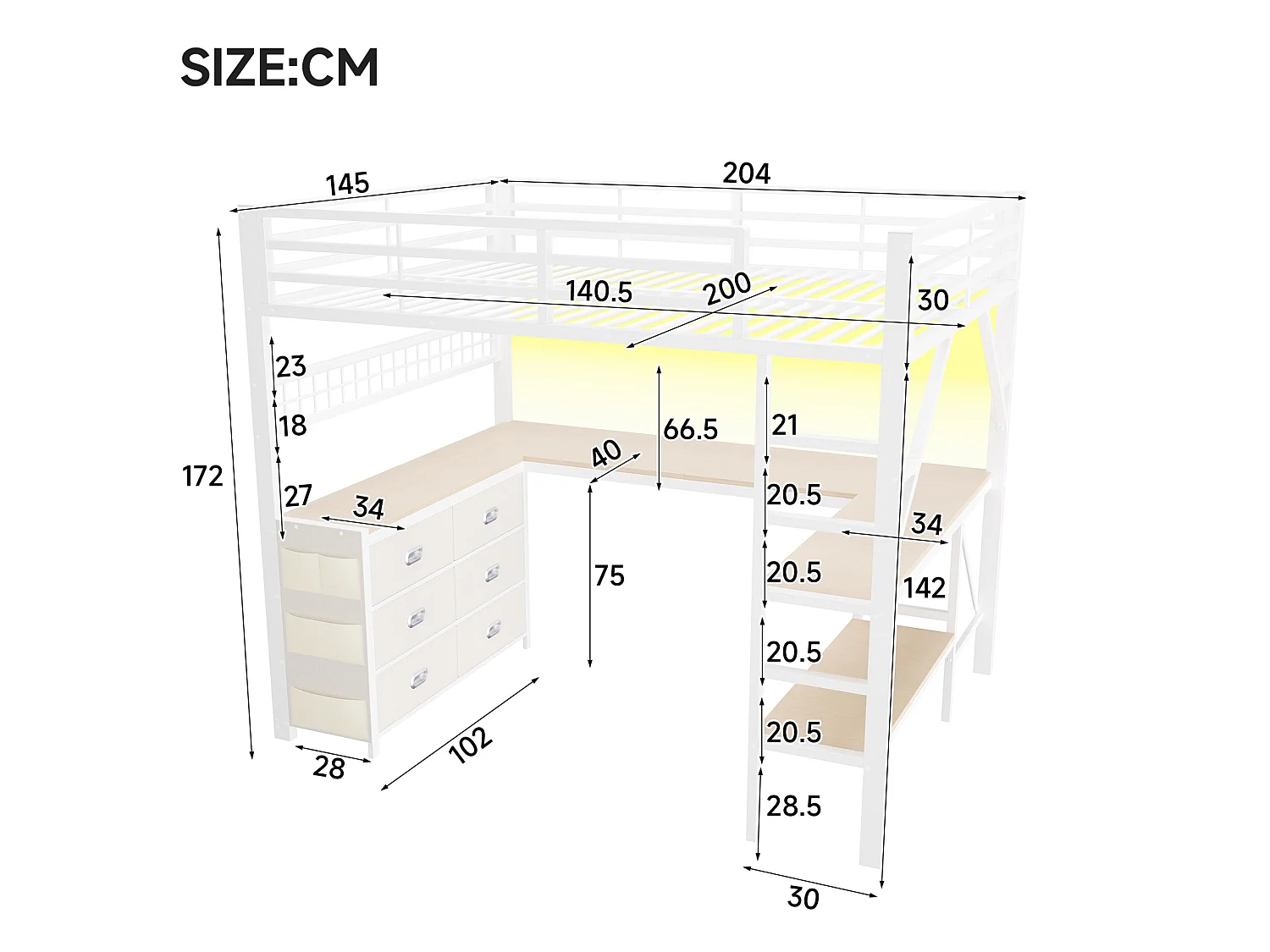 Lit mezzanine 140 x 200 cm avec 6 tiroirs et bureau - Métal et MDF - Blanc