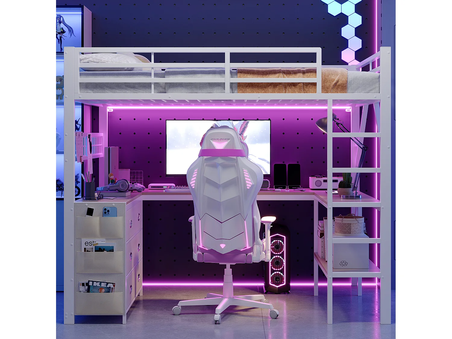 Lit mezzanine 140 x 200 cm avec 6 tiroirs et bureau - Métal et MDF - Blanc