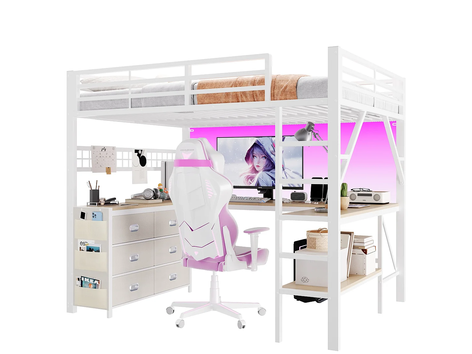Lit mezzanine 140 x 200 cm avec 6 tiroirs et bureau - Métal et MDF - Blanc