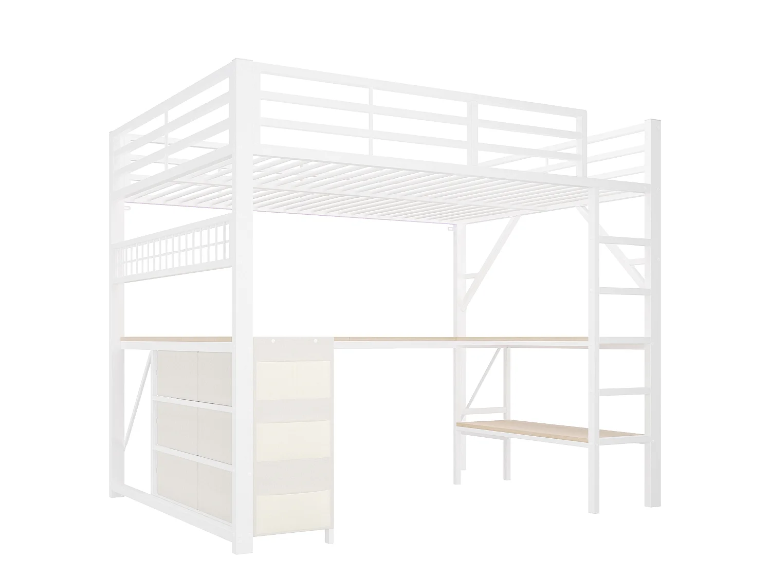 Lit mezzanine 140 x 200 cm avec 6 tiroirs et bureau - Métal et MDF - Blanc