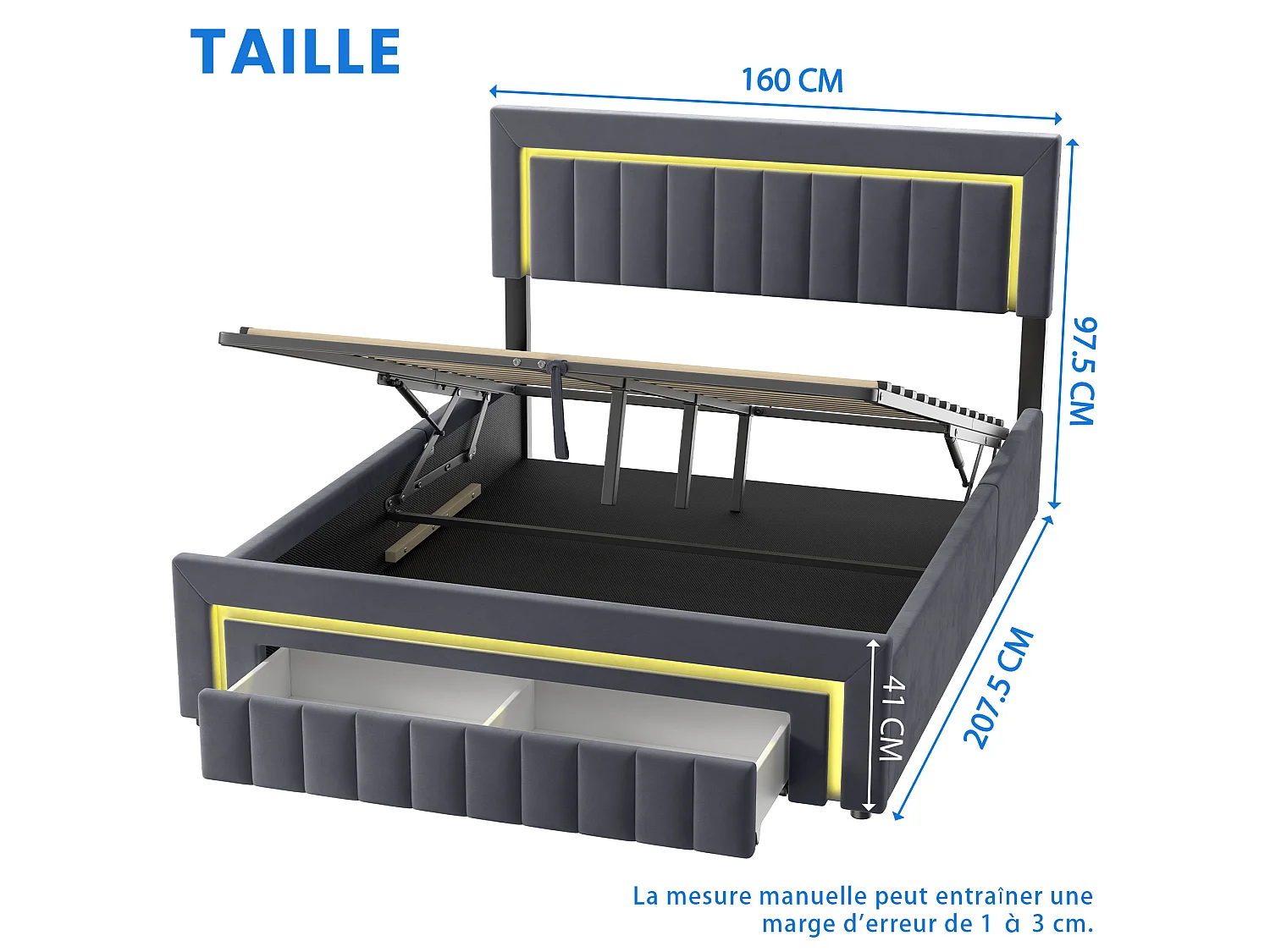 Letto contenitore per adulti 160x200 cm con cassetti e illuminazione a LED - Letto matrimoniale in velluto grigio