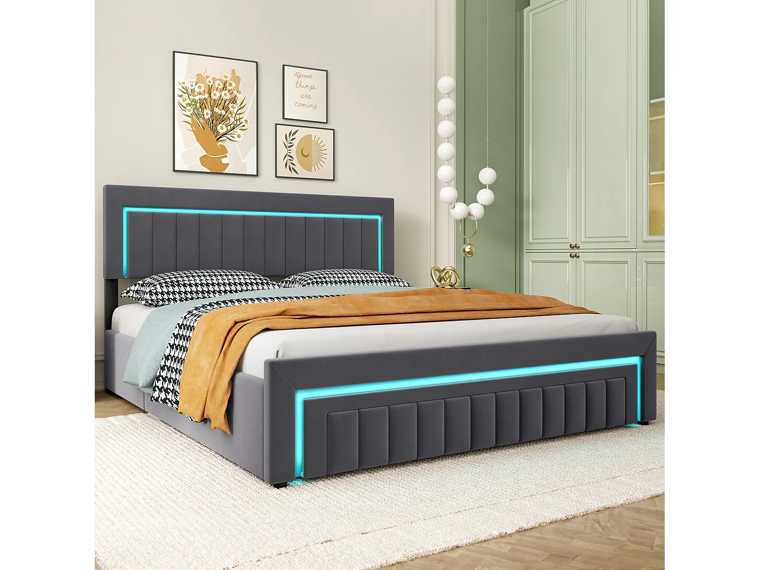 Letto contenitore per adulti 160x200 cm con cassetti e illuminazione a LED - Letto matrimoniale in velluto grigio