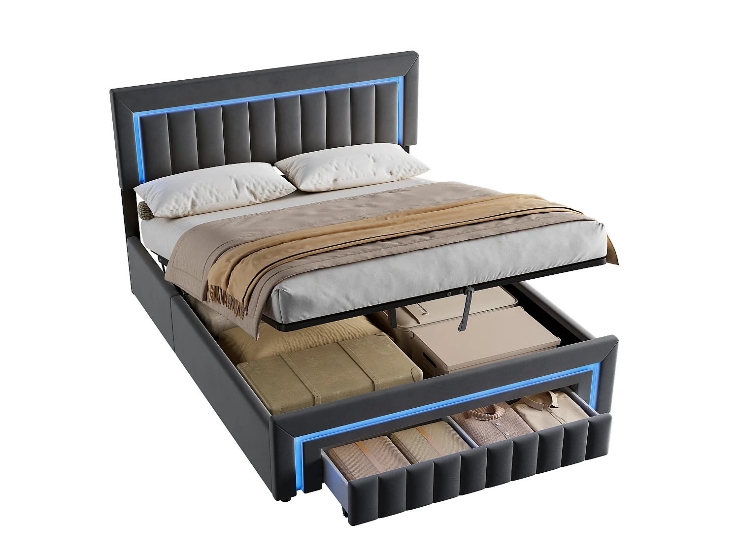Letto contenitore per adulti 160x200 cm con cassetti e illuminazione a LED - Letto matrimoniale in velluto grigio